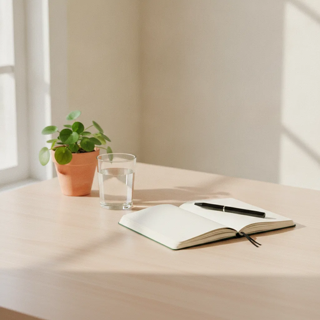 A tidy desk with a notepad, pen, small potted plant and a glass of water on a light wooden surface