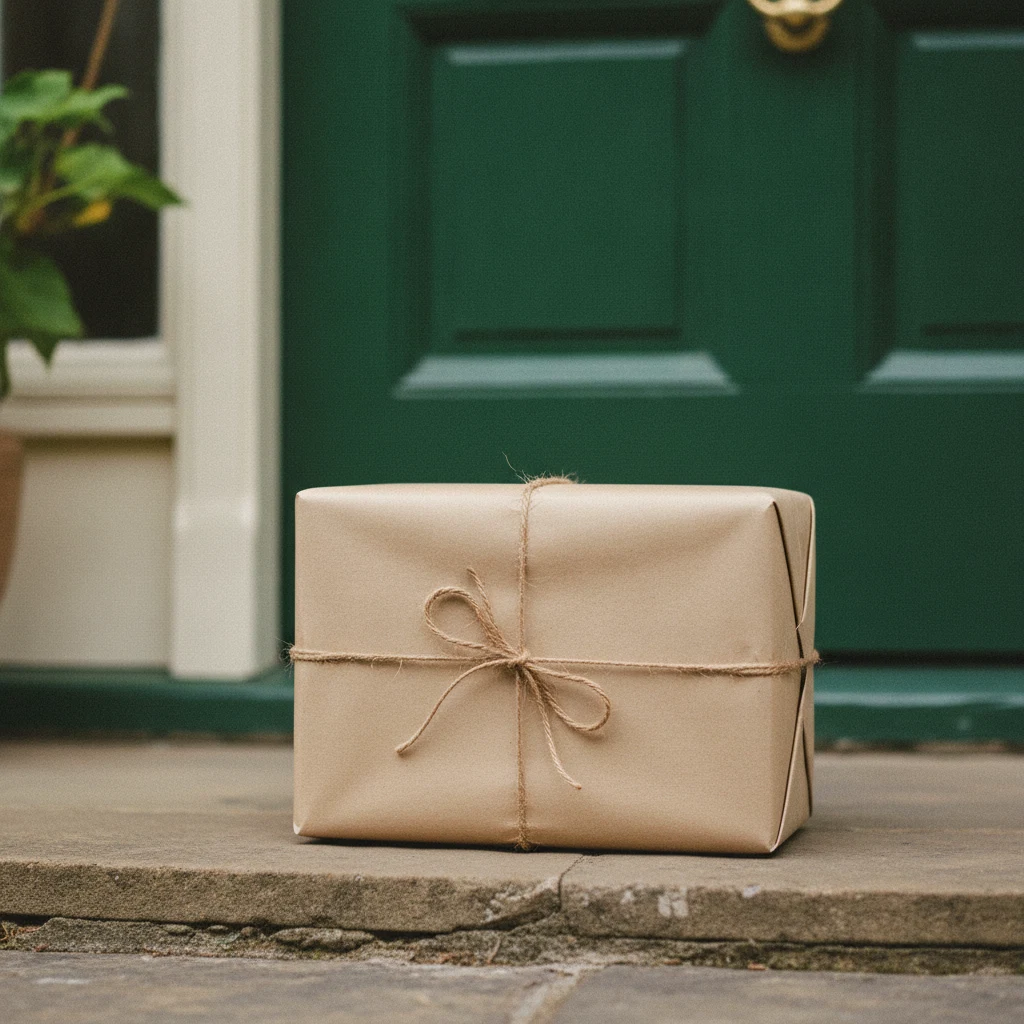 A neat plain kraft-paper parcel on a doorstep beside a bright front door, ready for collection