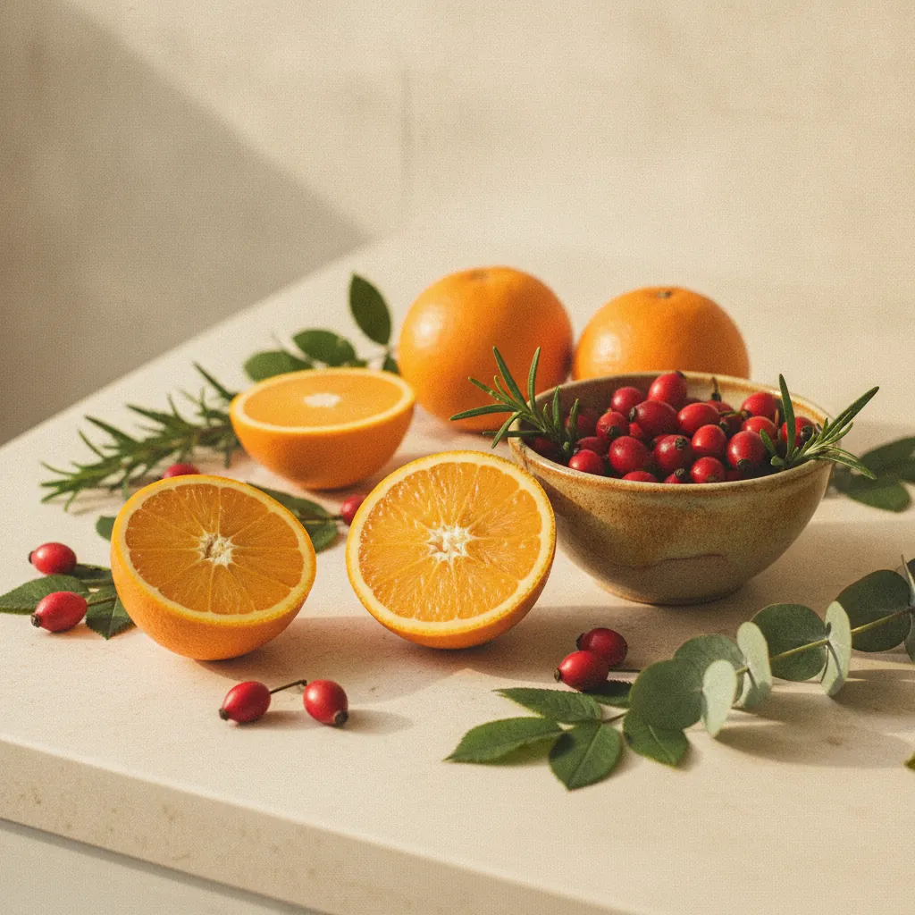 Fresh oranges, rosehips and green leaves arranged on a pale stone surface, ingredient still life