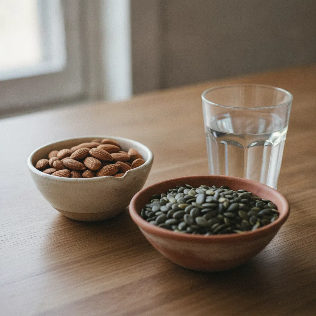 Ceramic bowls of almonds, pumpkin seeds and rolled oats on a wooden kitchen table
