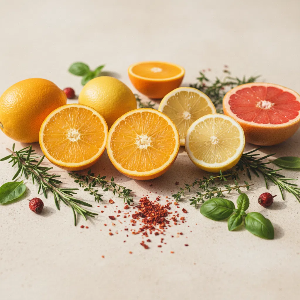 Halved citrus fruits, rosehip berries and green herbs on a pale stone surface for Caleta Formula composition page