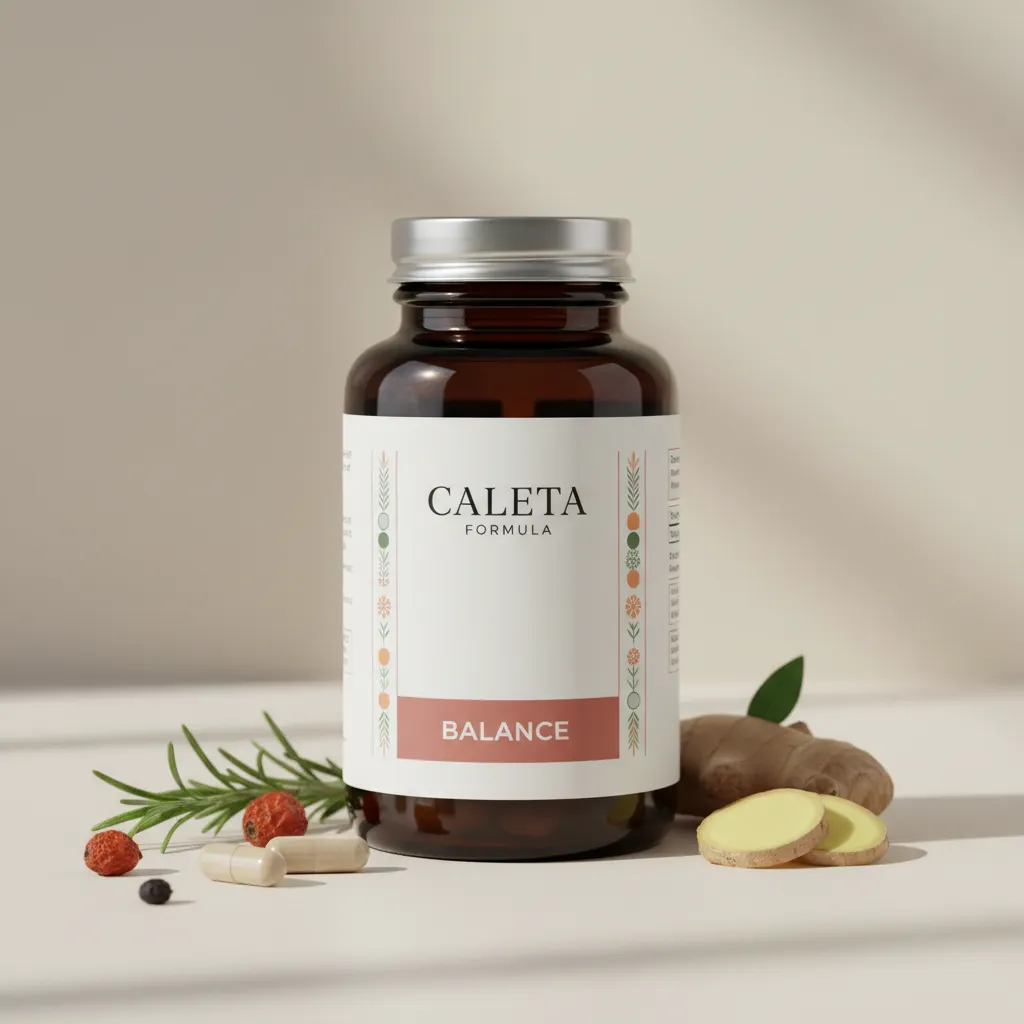Caleta Formula white pharmacy bottle with label showing product name and vitamin complex details